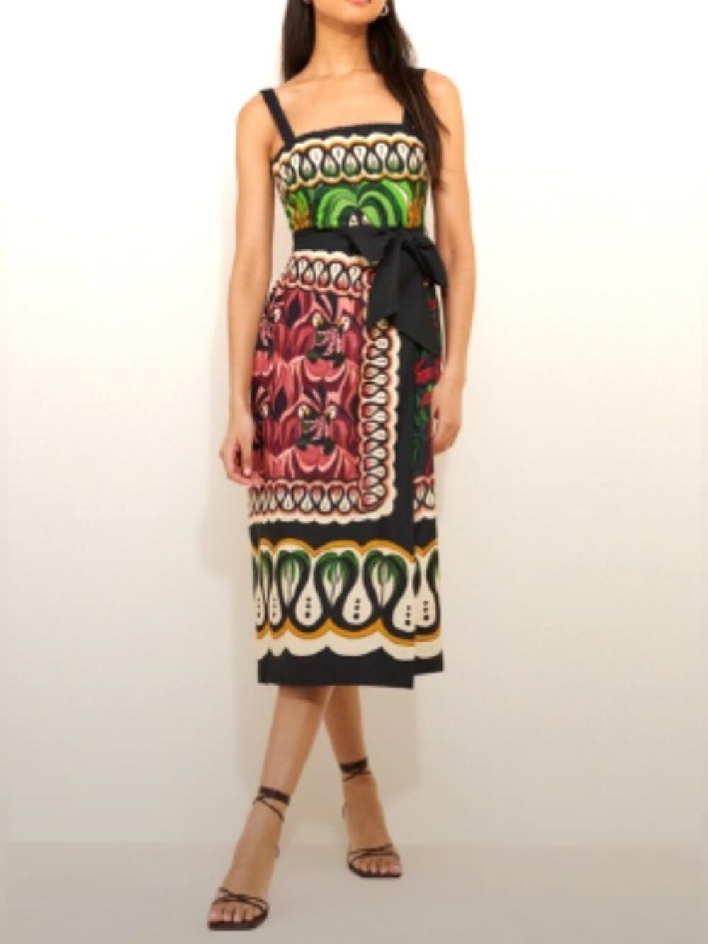 Multicolor Printed Midi Dress with Waist Tie